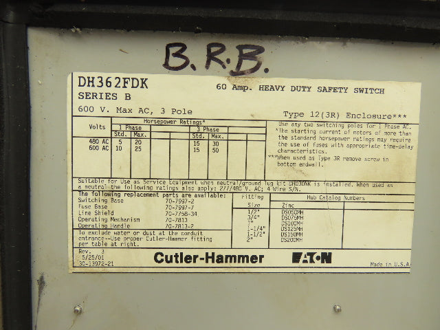 Cutler Hammer Safety Disconnect Switch 60A 600V Fused Crouse Arktite Receptacle