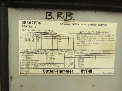 Cutler Hammer Safety Disconnect Switch 60A 600V Fused Crouse Arktite Receptacle