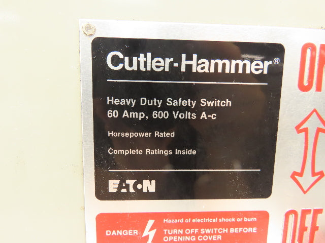 Cutler Hammer Safety Disconnect Switch 60A 600V Fused Crouse Arktite Receptacle