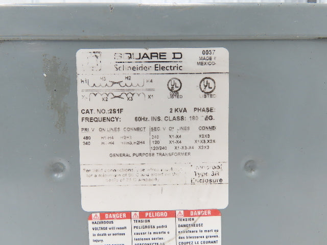 Square D 2S1F Step Down Power Transformer 2KVA 1pH HV 240/480 LV 120/240V
