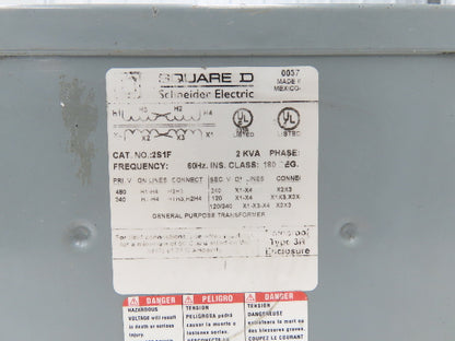 Square D 2S1F Step Down Power Transformer 2KVA 1pH HV 240/480 LV 120/240V