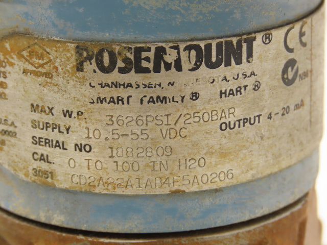 Rosemount 3051 Pressure Transmitter Max WP 3626PSI 10.5-55VDC Output 4-20mA