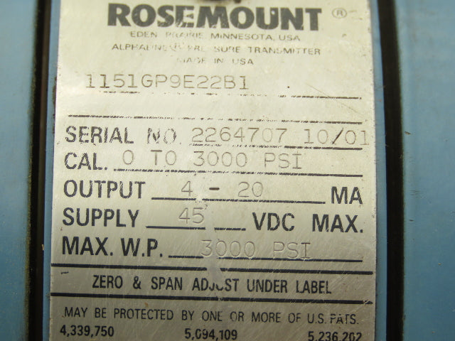 Rosemount 1151GP9E22B1 Differential Pressure Transmitter 45VDC WP 0-3000 PSI