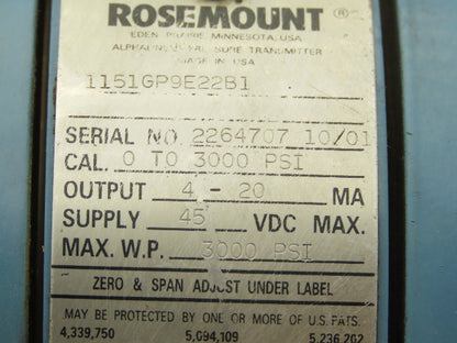 Rosemount 1151GP9E22B1 Differential Pressure Transmitter 45VDC WP 0-3000 PSI