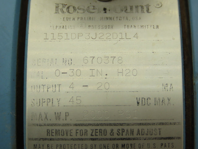 Rosemount 1151DP3J22D1L4 Differential Pressure Transmitter 45VDC WP 0-2000 PSI