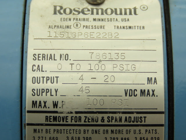 Rosemount 1151GP6E22B2 Differential Pressure Transmitter Max 45DCV WP 0-100 PSI