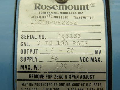 Rosemount 1151GP6E22B2 Differential Pressure Transmitter Max 45DCV WP 0-100 PSI