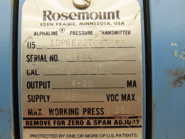 Foxboro 1DP6E22T0427MB Electronic Pressure Transmitter 45VDC 1/8" NPT 0-17psi