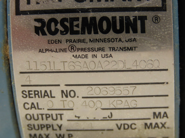 Rosemount 1151LT6SA0A22DL4C6Q Pressure Transmitter 42V 285PSI 3" Flange Mounted