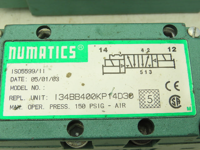 Numatics 134BB400KP14D30 Pneumatic Air Solenoid Valve 150PSI 110-120VAC Lot of 3