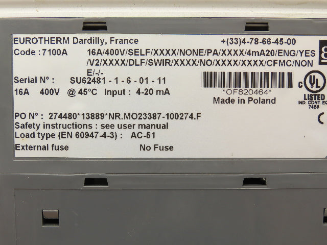 Eurotherm 7100A Power Thyristor Controller 16A 400V Single Phase External Fuse