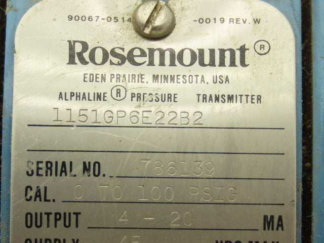Rosemount 1151GP6E22B2 SMART Gauge Pressure Transmitter 0-100PSI 45VDC