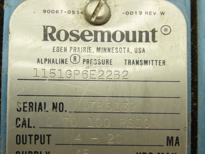 Rosemount 1151GP6E22B2 SMART Gauge Pressure Transmitter 0-100PSI 45VDC