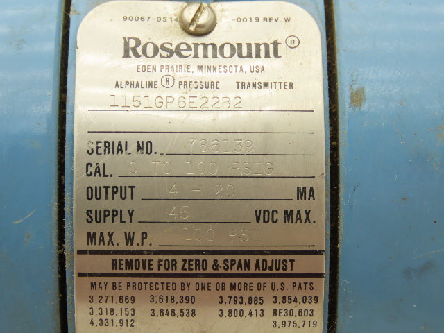 Rosemount 1151GP6E22B2 SMART Gauge Pressure Transmitter 0-100PSI 45VDC