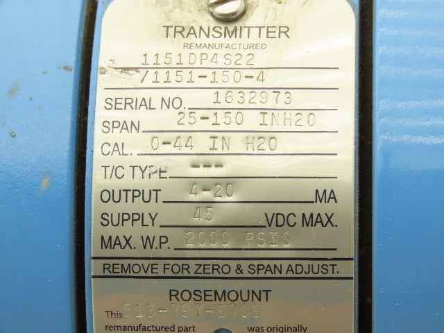 Rosemount 1151DP4S22 Electronic Pressure Transmitter 2000PSI 45VDC W/Bracket
