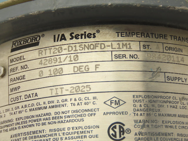 Foxboro RTT20-D1SNQFD-L1M1 Temperature Transmitter 0-100°F 12-42VDC I/A Series