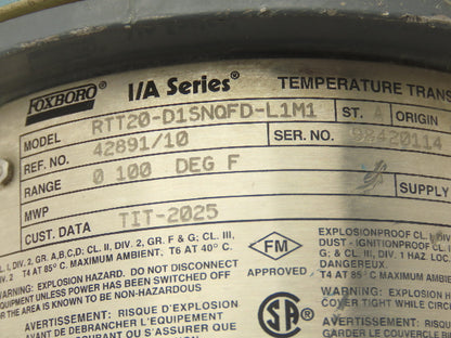 Foxboro RTT20-D1SNQFD-L1M1 Temperature Transmitter 0-100°F 12-42VDC I/A Series
