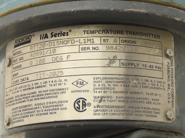 Foxboro RTT20-D1SNQFD-L1M1 Temperature Transmitter 0-100°F 12-42VDC I/A Series