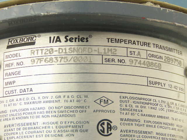 Foxboro RTT20-D1SNQFD-L1M2 Temperature Transmitter 0-100°F 12-42VDC I/A Series