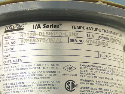 Foxboro RTT20-D1SNQFD-L1M2 Temperature Transmitter 0-100°F 12-42VDC I/A Series