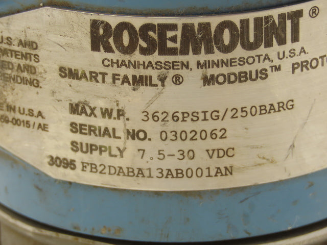Rosemount 3095 FB2DABA13AB001AN Pressure Transmitter 7.5-30VDC 3626PSI 250" H2O