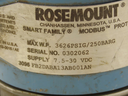 Rosemount 3095 FB2DABA13AB001AN Pressure Transmitter 7.5-30VDC 3626PSI 250" H2O