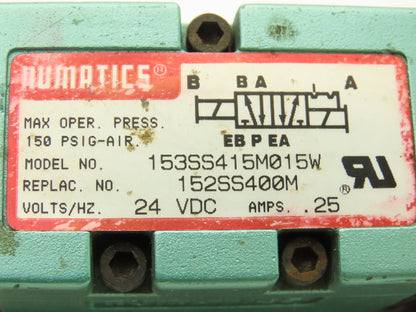 Numatics 153SS415M015W Pneumatic Air Valve & Manifold Assembly 24VDC MK15
