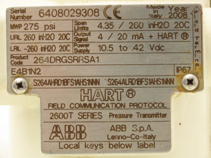 ABB 2600T Hart Electronic Pressure Transmitter 42VDC 275PSI 264DRGSRRSA1