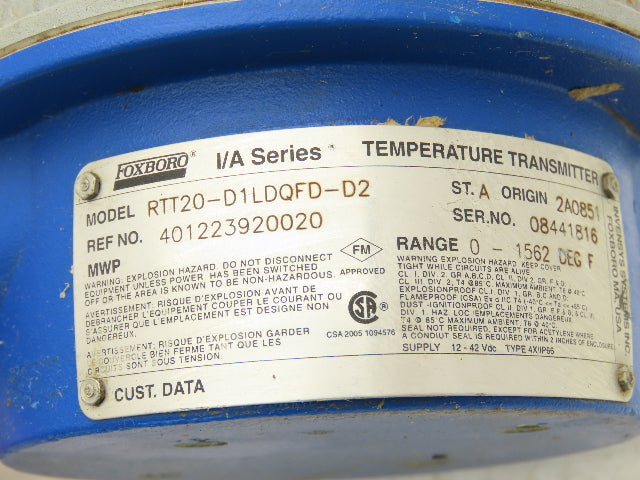 Foxboro RTT20-D1LDQFD-D2 Temperature Transmitter 12-42vdc I/A Ser 0-1562°F 4"
