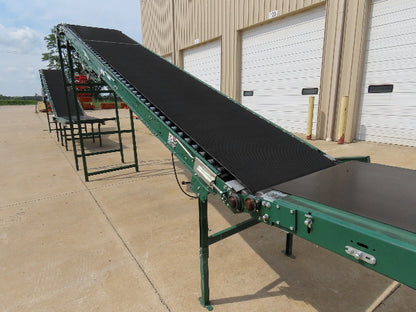 Dematic 42"x 28' Flat to Incline Belt Conveyor RH Center Drive 460V 95fpm 117"H