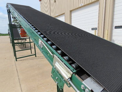 Dematic 42"x 28' Flat to Incline Belt Conveyor RH Center Drive 460V 95fpm 117"H