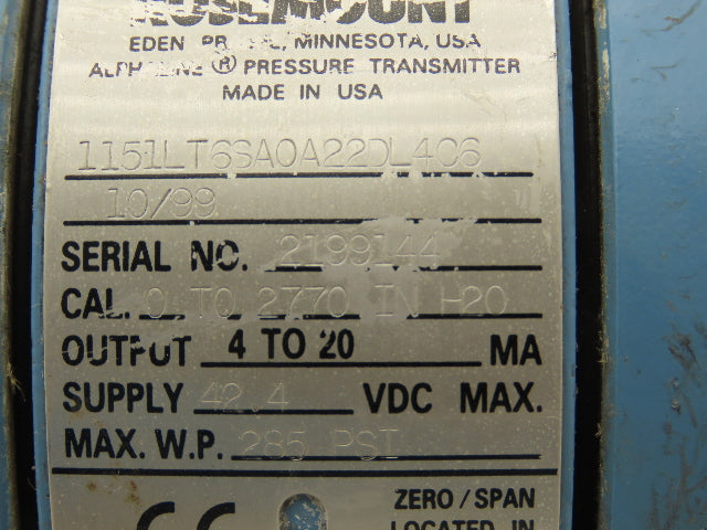 Rosemount 1151LT6SA0A22DL4C6 Pressure Transmitter 45VDC 285PSI 3" Flange Mounted