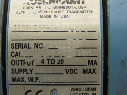 Rosemount 1151LT6SA0A22DL4C6 Pressure Transmitter 45VDC 285PSI 3" Flange Mounted