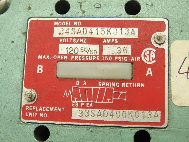 Numatics 34SAD415K013A Solenoid Valve w/ Manifold Block 120V 150 PSI 1/2" NPT