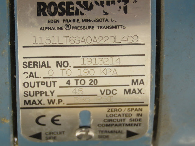 Rosemount 1151LT6SA0A22DL4C9 Pressure Transmitter 45VDC 285PSI 3" Flange Mounted
