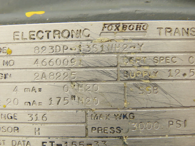 Foxboro 823DP-I3S1NH2-Y Pressure Transmitter 0-175"H2O 12.5-65VDC 3000PSI