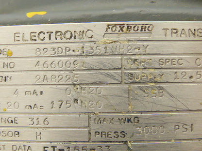 Foxboro 823DP-I3S1NH2-Y Pressure Transmitter 0-175"H2O 12.5-65VDC 3000PSI