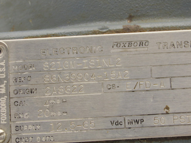 Foxboro 821GM-IS1NL2 Pressure Transmitter 1/2"NPT 12.5-65VDC 50PSI W/Bracket