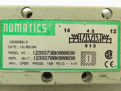 Numatics 123SS73BK000030  Pneumatic Solenoid Valve 150 PSIG 50/60HZ 120V
