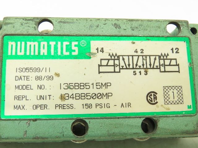 Numatics 135BB515MP  5/3 Position Open Center Pneumatic Solenoid Valve 24VDC