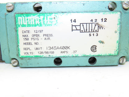 Numatics I34SA400K Pneumatic Air Single Solenoid Valve 150psi 110-120VAC