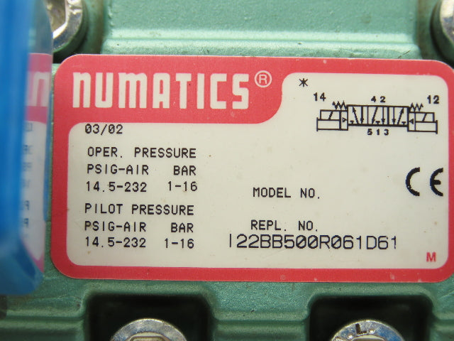 Numatics I22BB500R061D61 Pneumatic Dual Solenoid Valve 145PSI 24VDC 5/3-Way