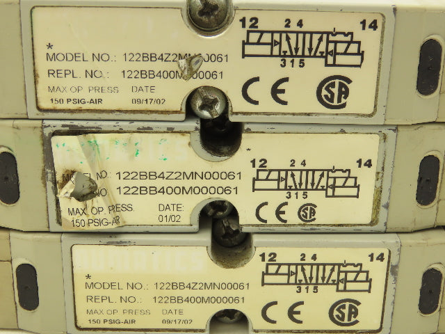 Numatics 122BB4Z2MN00061 Solenoid Valve 150PSIG 24VDC 2.5W W/Bridge Lot of 3