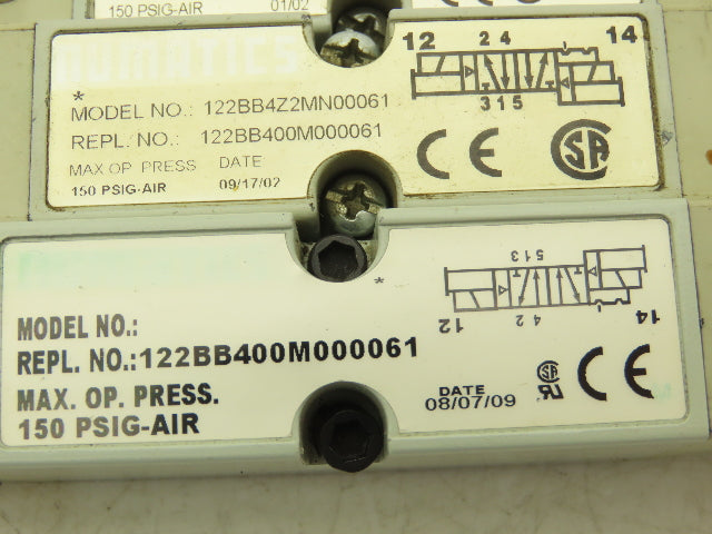 Numatics 122BB4Z2MN00061 Solenoid Valve 150 PSIG 24VDC 2.5W W/Bridge Lot Of 4