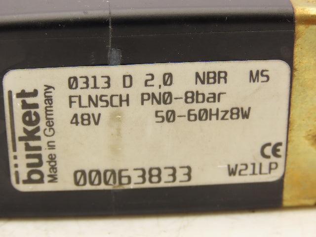 Burkert 0313 D 2.0 NBRMS Magnetic Solenoid Valve PN0-8BAR 48V 50/60 HZ 1/8"