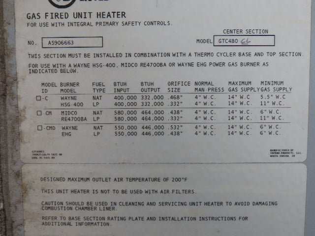 Thermo-Cycler Industrial Gas Fired Heater 400,000 BTU/Hr. Heating Unit 480V 3Ph