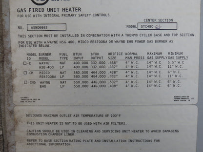 Thermo-Cycler Industrial Gas Fired Heater 400,000 BTU/Hr. Heating Unit 480V 3Ph