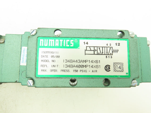Numatics I34BA400MP14X61 Pneumatic Air Solenoid Valve 4/2 150psi 24VDC Lot of 2