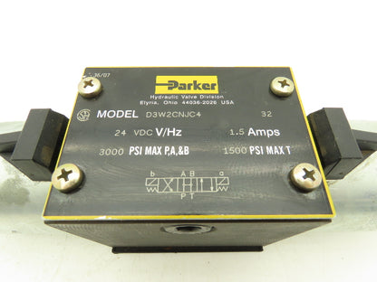 Parker D3W2CNJC4 Hydraulic Directional Control Solenoid Valve 3-Pos 24VDC D05