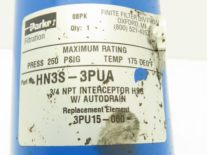 Parker HN3S-3PUA Finite Compressed Air Filter 3/4"NPT Aluminum Housing 500psi